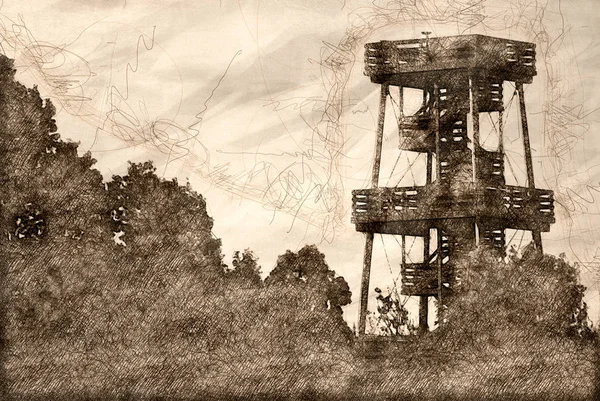 Sketch Observation Tower Standing Trees — Stock Photo, Image