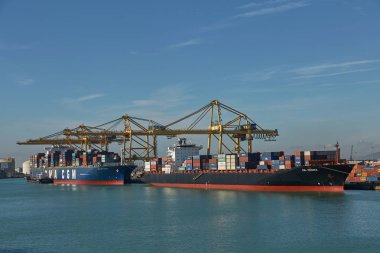 Barcelona, İspanya - 10 Ekim 2017: İskelede bir konteyner nakliye ithalat ihracat ve iş Barcelona İspanya'Lojistik için bağlantı noktası vinç yükler.