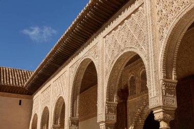 Dekor avlusu La Alhambra, Granada, İspanya içinde mersinden (Patio de los Arrayanes) içinde.