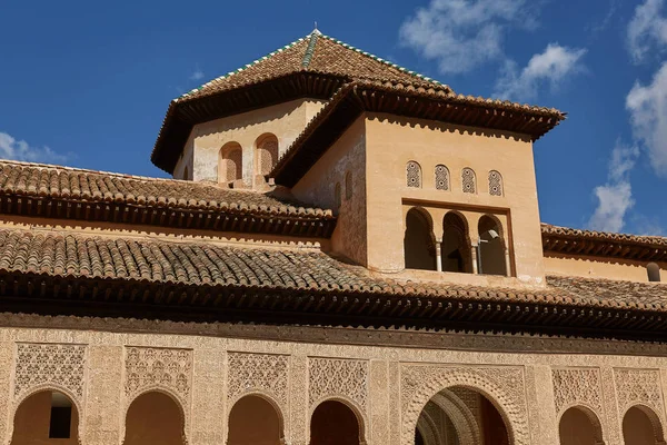 Decor within Courtyard of the Myrtles (Patio de los Arrayanes) in La Alhambra, Granada, Spain.