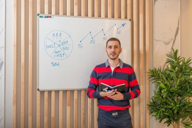 Tahtanın yanında duran işadamı büyüme grafiği çiziyor. Başarılı iş için konsept