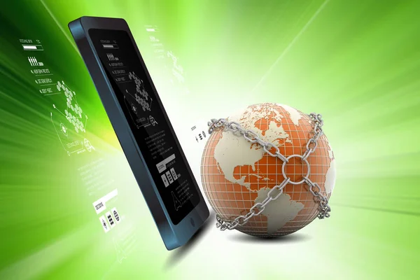 Tablet Med Globalt Netværk Farve Baggrund - Stock-foto