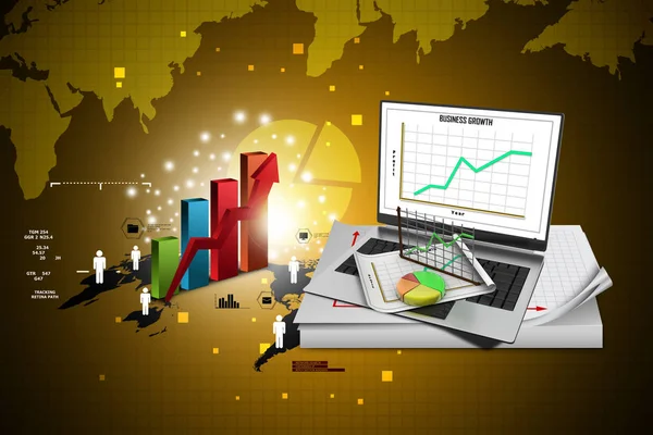 Laptop Showing Spreadsheet Paper Statistic Charts — Stock Photo, Image