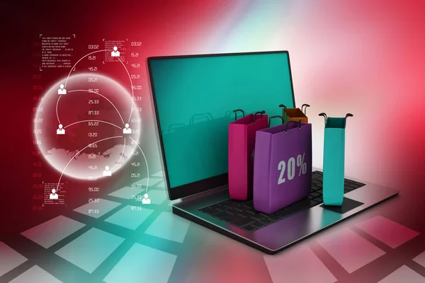 Shopping Bags Laptop Color Background — Stock Photo, Image