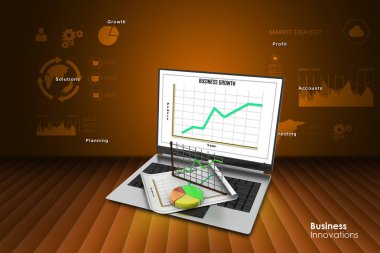 dizüstü bilgisayar elektronik ve istatistik grafikleri ile bir kağıt gösteriliyor