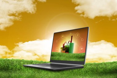 ok laptop büyüyen ile pasta ve çubuk grafik grafikler finans