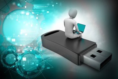 3D insan ve usb otururken dizüstü