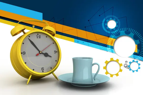 Relógio Despertador Com Xícara Chá — Fotografia de Stock