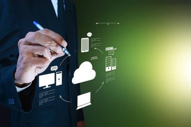 İş adamı bulut hesaplama kavramını gösteriyor.