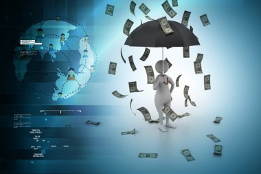 3D insan ve para yağmur şemsiye