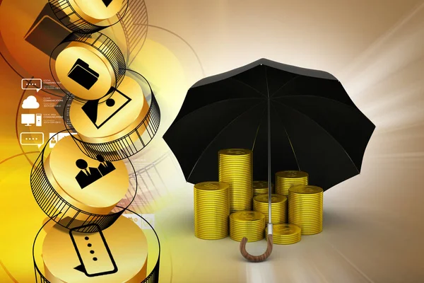 Gouden Munten Onder Een Zwarte Paraplu — Stockfoto