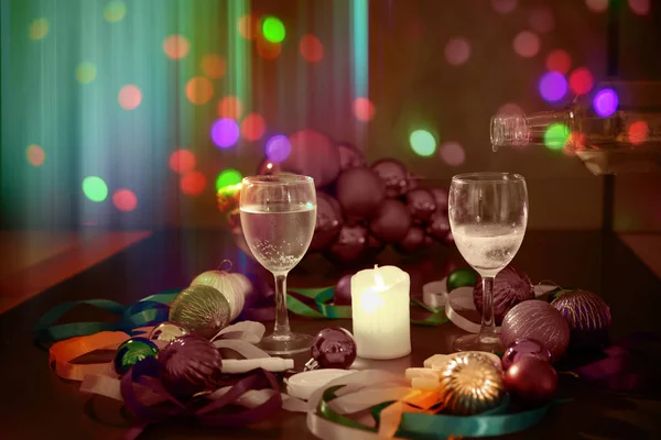 Glasses Champagne Christmas Decor Background — Stock Photo, Image