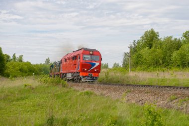 Lokomotif trenin tren ormanlık arazi boyunca hareket eder