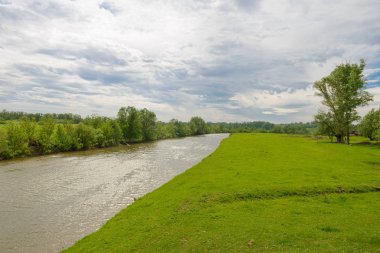 yaz, yatay, bir nehir, yeşil ağaçlar ve alanlar