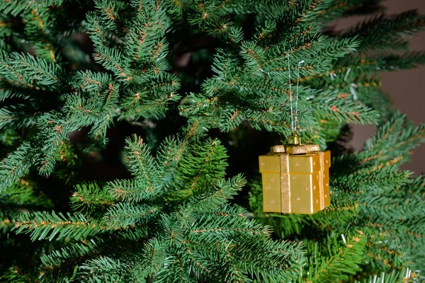 Yapay Noel çam dalları üzerinde asılı bir altın kutu şeklinde oyuncak