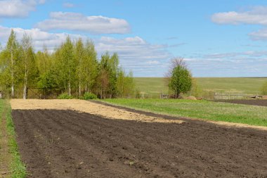 Bahçe bahar güneşli gün sürülmüş alana