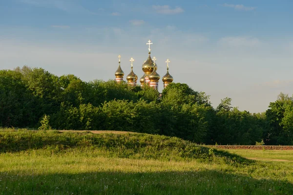 Cúpulas Doradas Con Cruces Una Iglesia Ortodoxa Sobre Bosque Verde — Foto de Stock