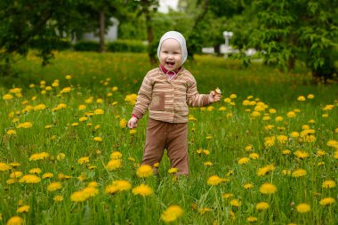 Küçük bir çocuk karahindiba ile çayırda duruyor ve gülüyor