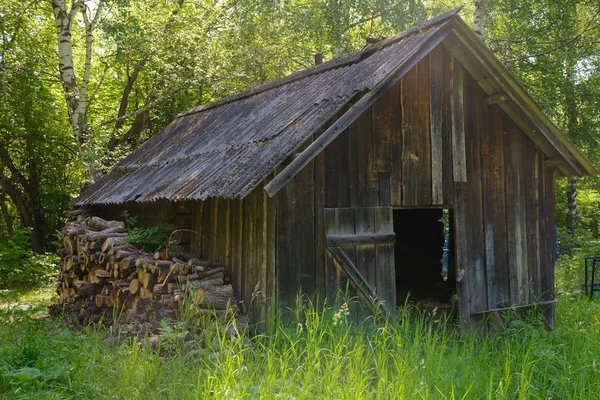 Bir su üzerinde ormanda duvara yakın yakacak odun ile eski ahşap kulübe — Stok fotoğraf