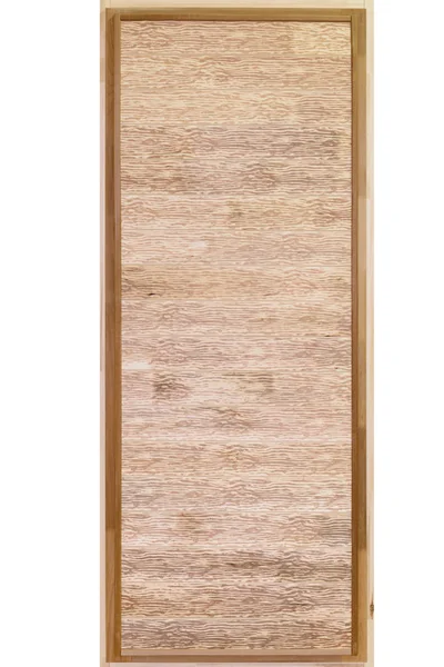 Nowe drewniane drzwi do kąpieli z teksturowaną powierzchnią — Zdjęcie stockowe