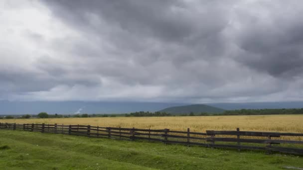 タイムラプス 灰色の空に雲が動く曇りの山々の前に緑の草を持つ谷の秋の風景 — ストック動画