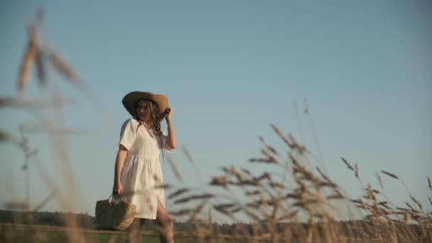 Een Meisje Lichte Kleren Zomer Avond Wandelingen Rust Een Veld — Stockvideo