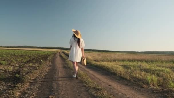 Een Meisje Lichte Kleren Zomer Avond Wandelingen Rust Een Veld — Stockvideo