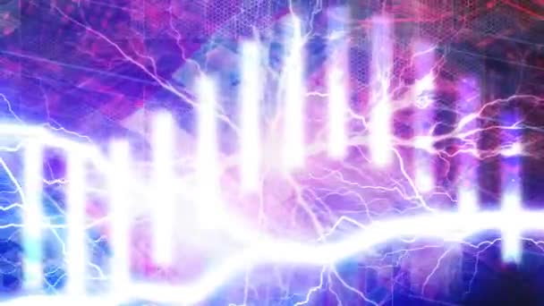 紫色背投- 4k无缝隙环路运动背景动画的Sine wave Bars和Lightningbolts — 图库视频影像
