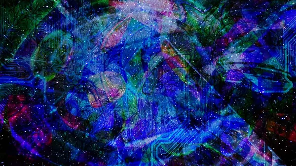 Dunkle psychedelische Kunsteffekte und Sterne im Raum - abstrakte Hintergrundtextur — Stockfoto
