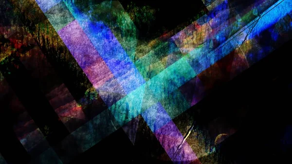 Dunkle abstrakte Glühstreifen und geometrische rotierende bunte Fliesen - abstrakte Hintergrundtextur — Stockfoto