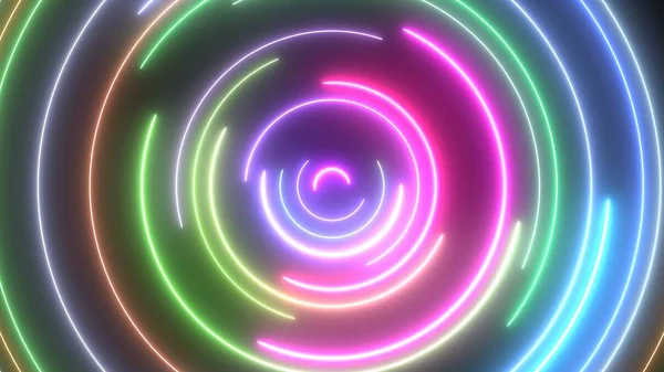 Anel de círculo de néon Halo Loops Brilhar cores brilhantes e girar lentamente Textura de fundo abstrato — Fotografia de Stock