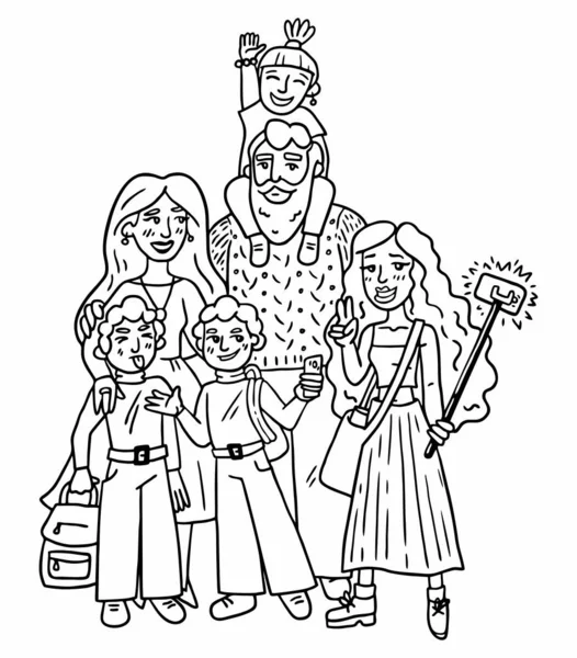 Gran Familia Feliz Volver Escuela Blanco Negro Línea Dibujo — Vector de stock