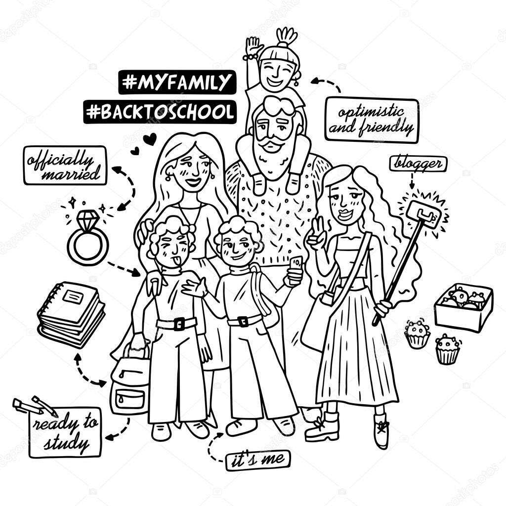 big family back to school black and white drawing