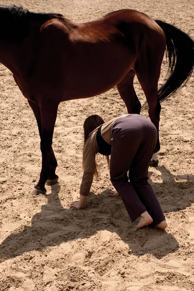 写真の女の子は馬とトリックを行います — ストック写真