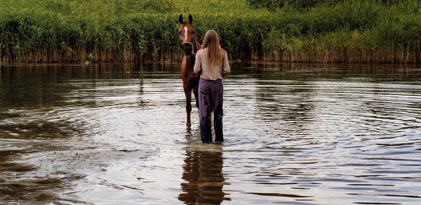 写真の女の子は水の中で馬を歩く — ストック写真