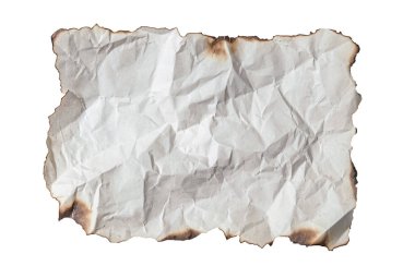 Buruşmuş yanmış kağıt beyaza izole edilmiş.