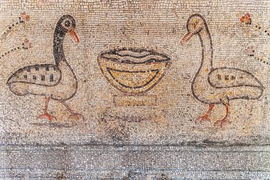 M.Ö. 5. yüzyılın zemin mozaiği. Ekmek ve balıkların çoğaltıldığı kilisede, Tabgha, İsrail.