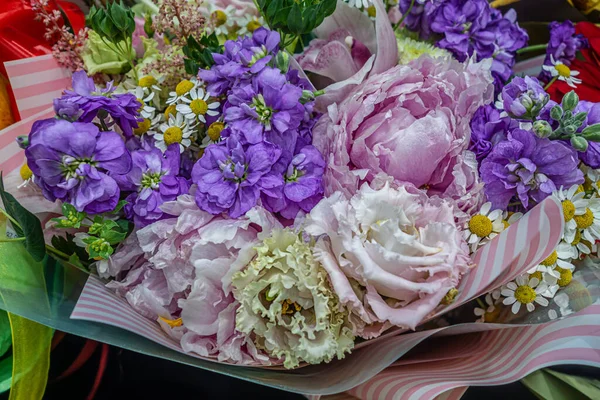 Schöner Strauß Aus Pfingstrosen Kiemenblumen Und Gänseblümchen Aus Nächster Nähe — Stockfoto