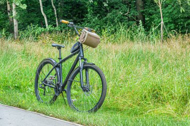 Parktaki pistin yanındaki çimlerin üzerinde bisiklet.