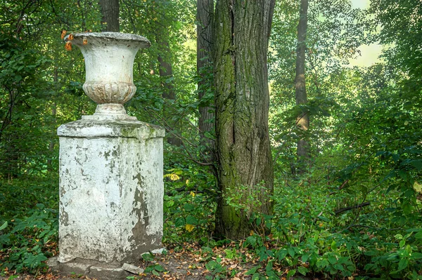 decorative stone vase on a pedestal in an old park