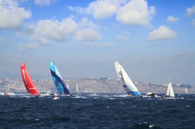 Various Teams of OPEN 65 sailboats fightting moments after start Leg 1 Alicante-Lisbon of the Volvo Ocean Race 2017-18 one of the most exciting start we've seen from Alicante. clipart