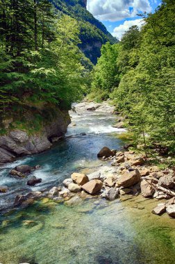 Hızlı akış anf krest Arazas Nehri içinde Ordesa Milli Parkı İspanya.