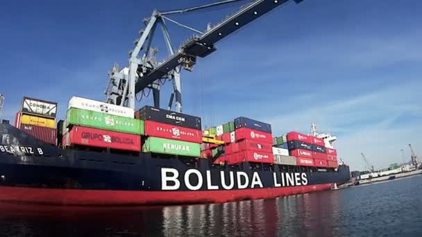 Big Containership Beatriz Downloading Containers Alicante Harbor Mediterranean Sea Spanish — Stock Video