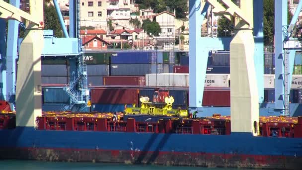 用龙门起重机从阿尔赫西拉斯港的大容器中下载集装箱 — 图库视频影像