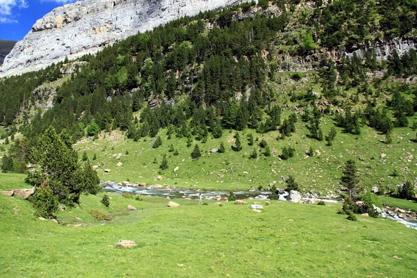 Ordesa 国家公园高山区顶部的山脉 瀑布和水道 — 图库照片