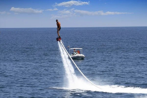 Nautical Sportman Practicing Power Flyboard Coast Santa Pola Spain Summer — Stock Photo, Image