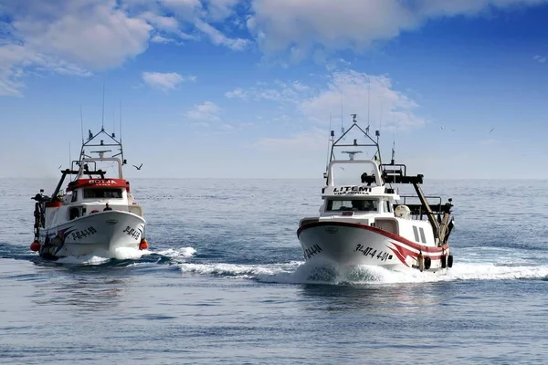 Dvojice Trawleru Rybářských Člunů Blíží Přístavu Prodej Jejich Zachycení Pobřeží — Stock fotografie