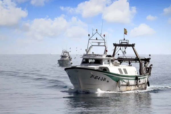 Para Łodzi Rybackich Trawlerów Zbliża Się Portu Sprzedaż Przechwytuje Wybrzeża — Zdjęcie stockowe