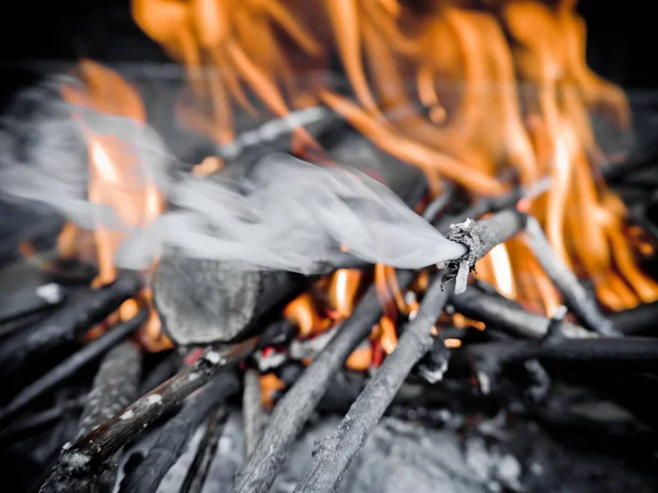 Fumar y quemar leña en el horno, parrilla o chimenea . — Foto de Stock