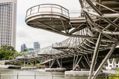 Singapur 'daki Helix Köprüsü. Marina Körfezi kıyısında metal köprüsü olan şehir manzarası.